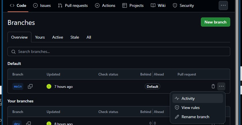 Github repo clicked on three-dots of branch main for Activity (for commits)